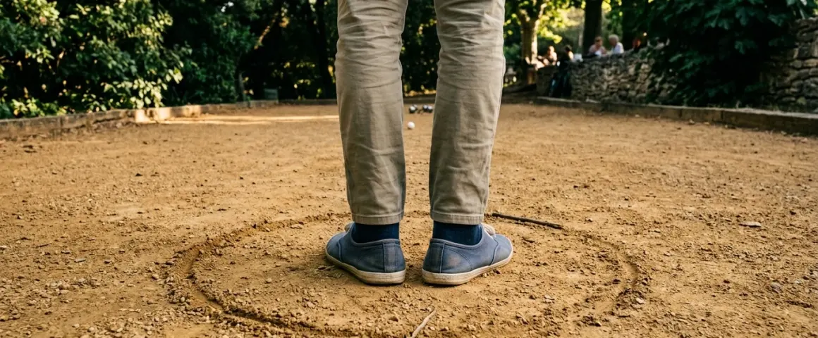 Cercle de lancement tracé au sol sur un terrain de pétanque