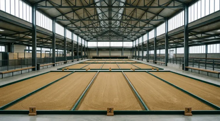 Intérieur d'un boulodrome couvert en hiver