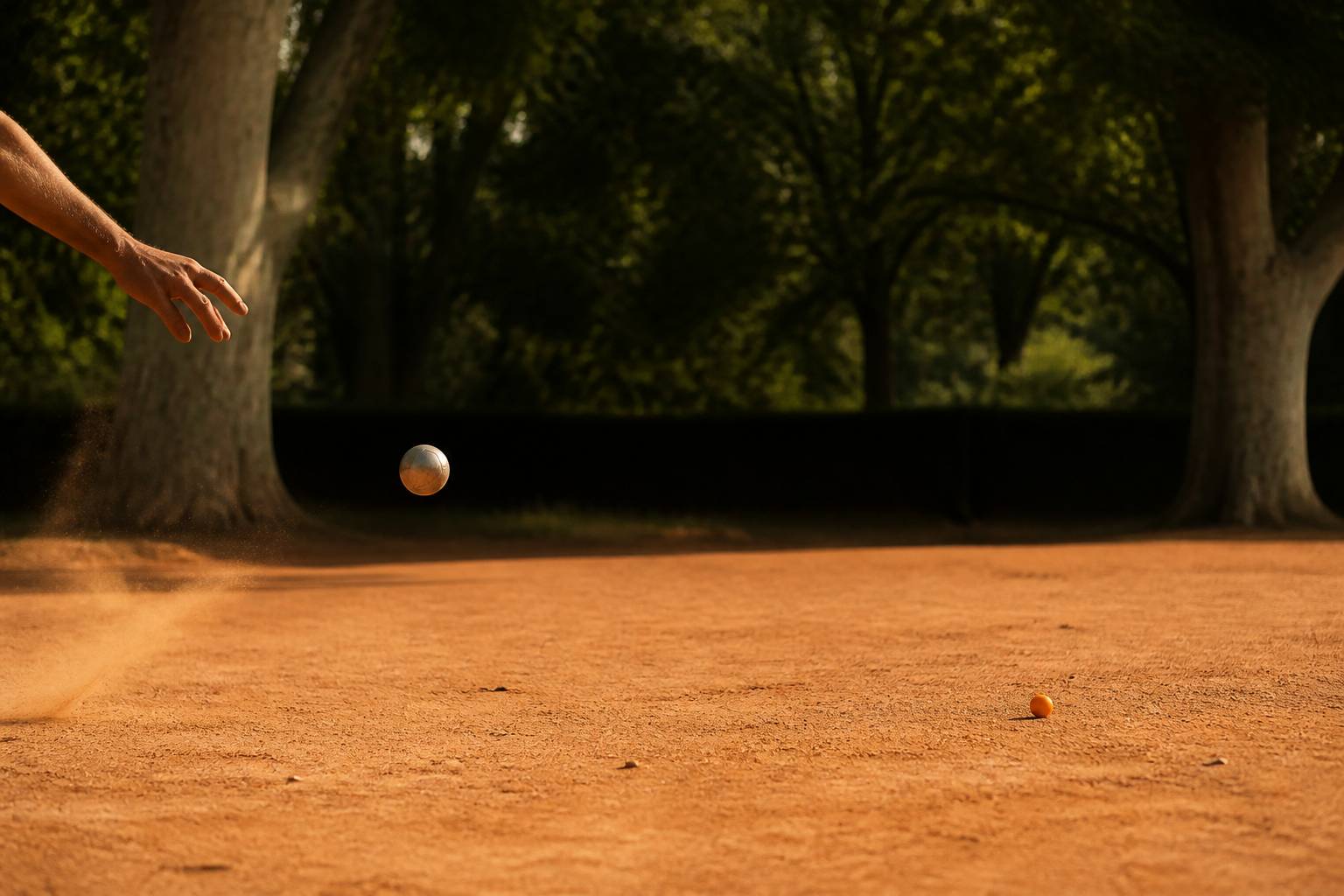Boule de pétanque en acier en trajectoire au-dessus d'un terrain de tir