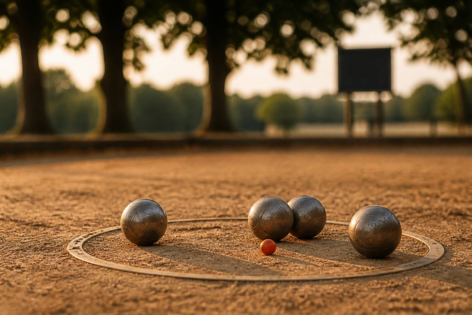Boules de pétanque et cochonnet dans le cercle de lancer