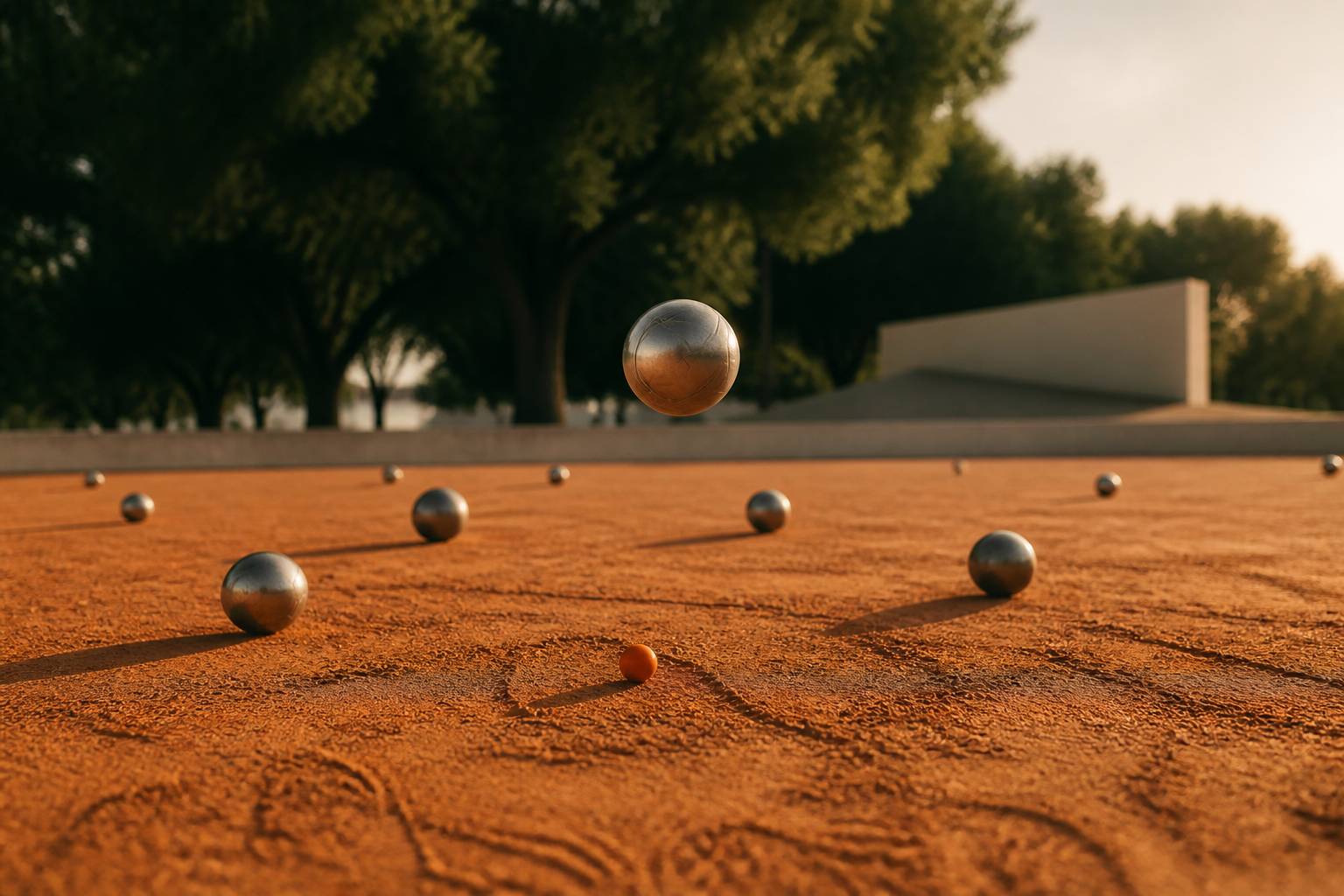 Boule de pétanque en l'air au-dessus du terrain avec d'autres boules au sol