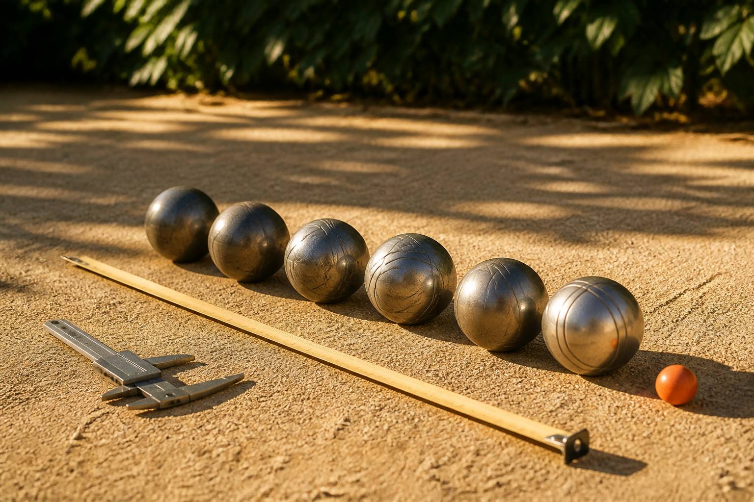 Boules de pétanque alignées sur un mètre ruban avec un pied à coulisse