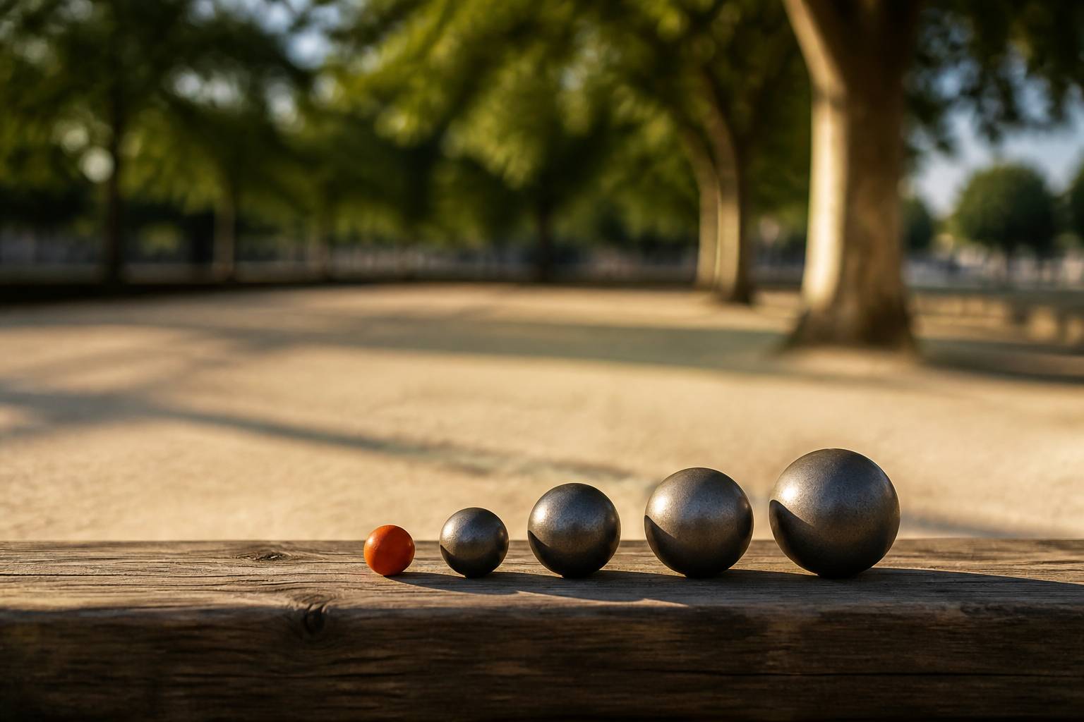 Quatre boules de pétanque de diamètres différents alignées sur un banc en bois