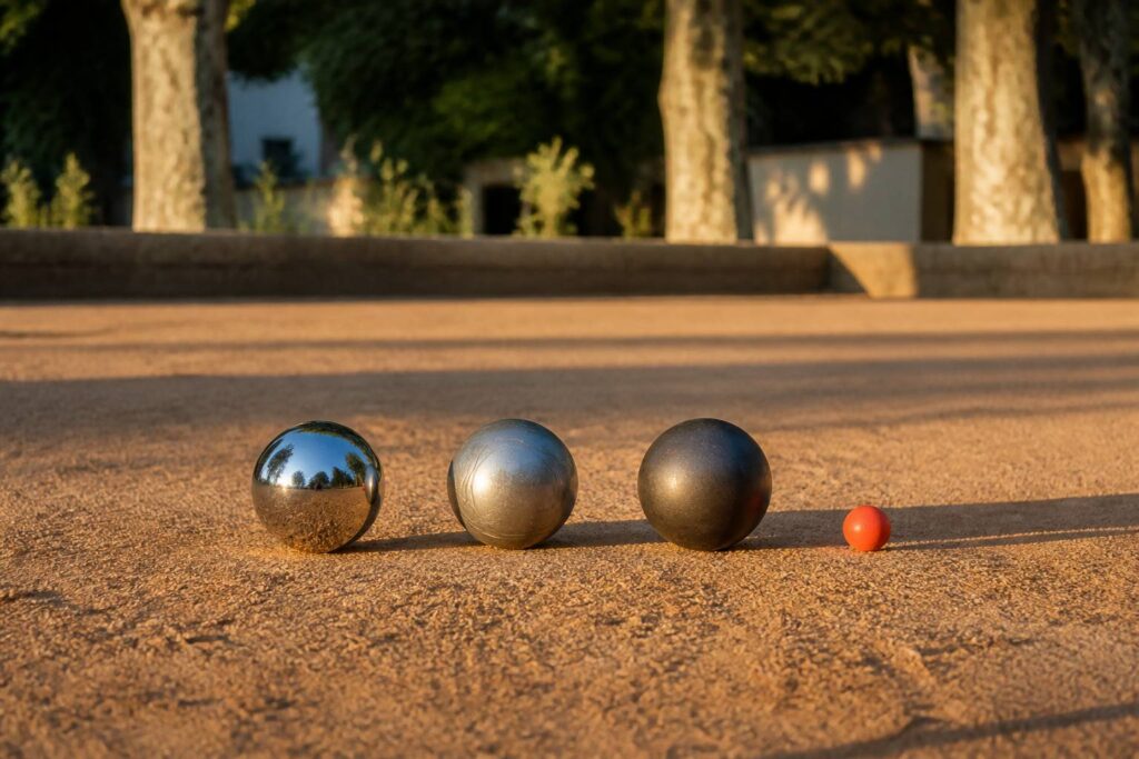 Trois boules de pétanque acier aux finitions différentes alignées sur la terre battue
