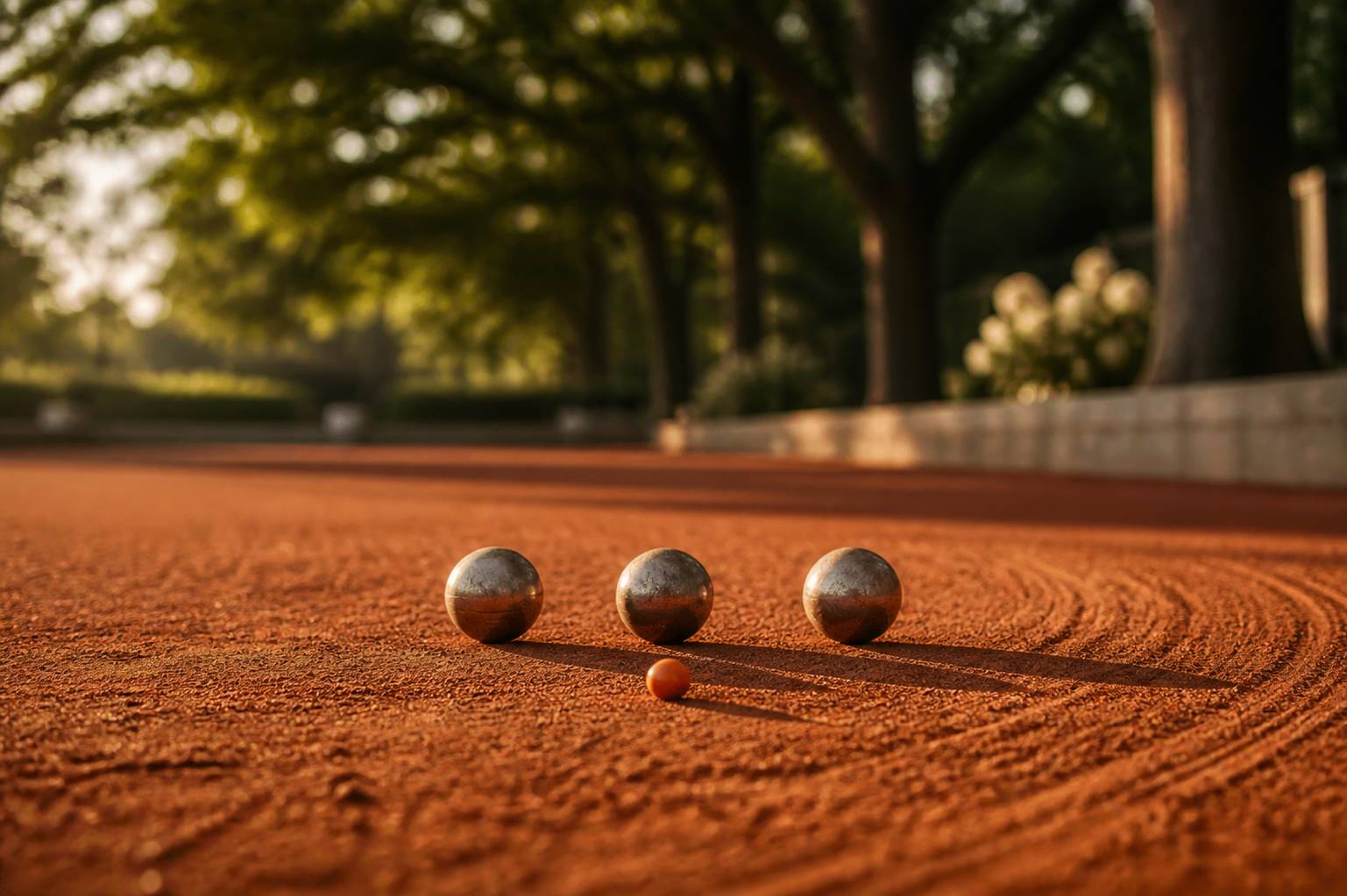 Boules de pétanque en acier et cochonnet sur la terre battue