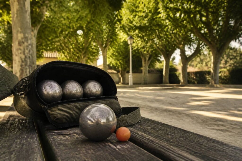 Triplette de boules de pétanque acier carbone dans un sac de transport ouvert