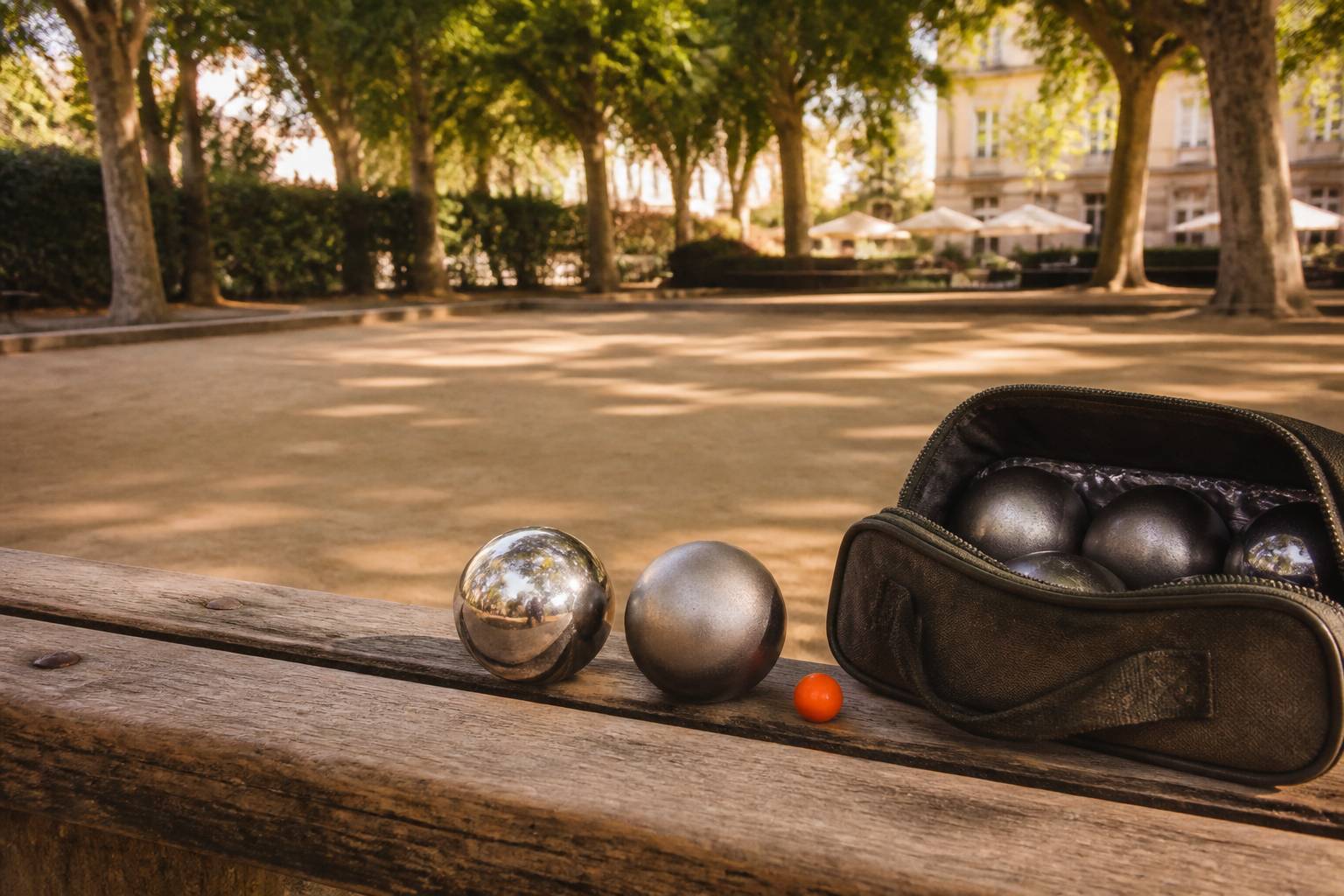 Deux boules de pétanque aux textures différentes posées sur un banc en bois