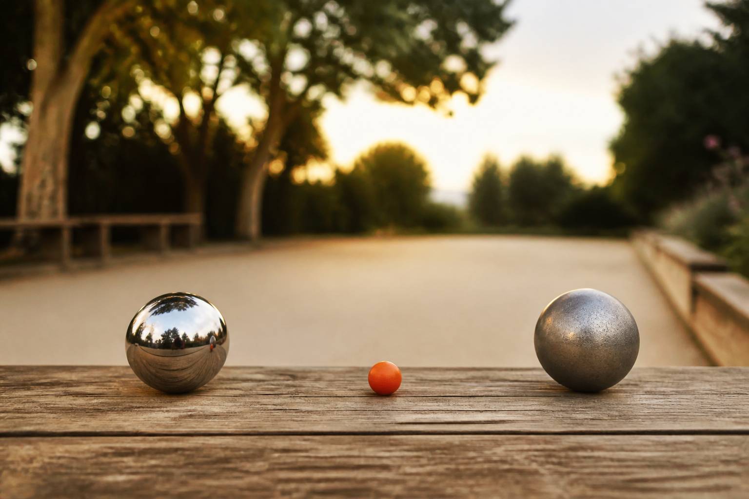 Boules de pétanque polie et mate posées sur une table en bois de boulodrome
