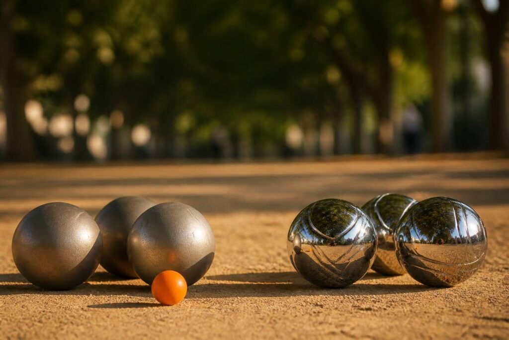 Boule de pétanque mate et boule polie côte à côte sur la terre battue