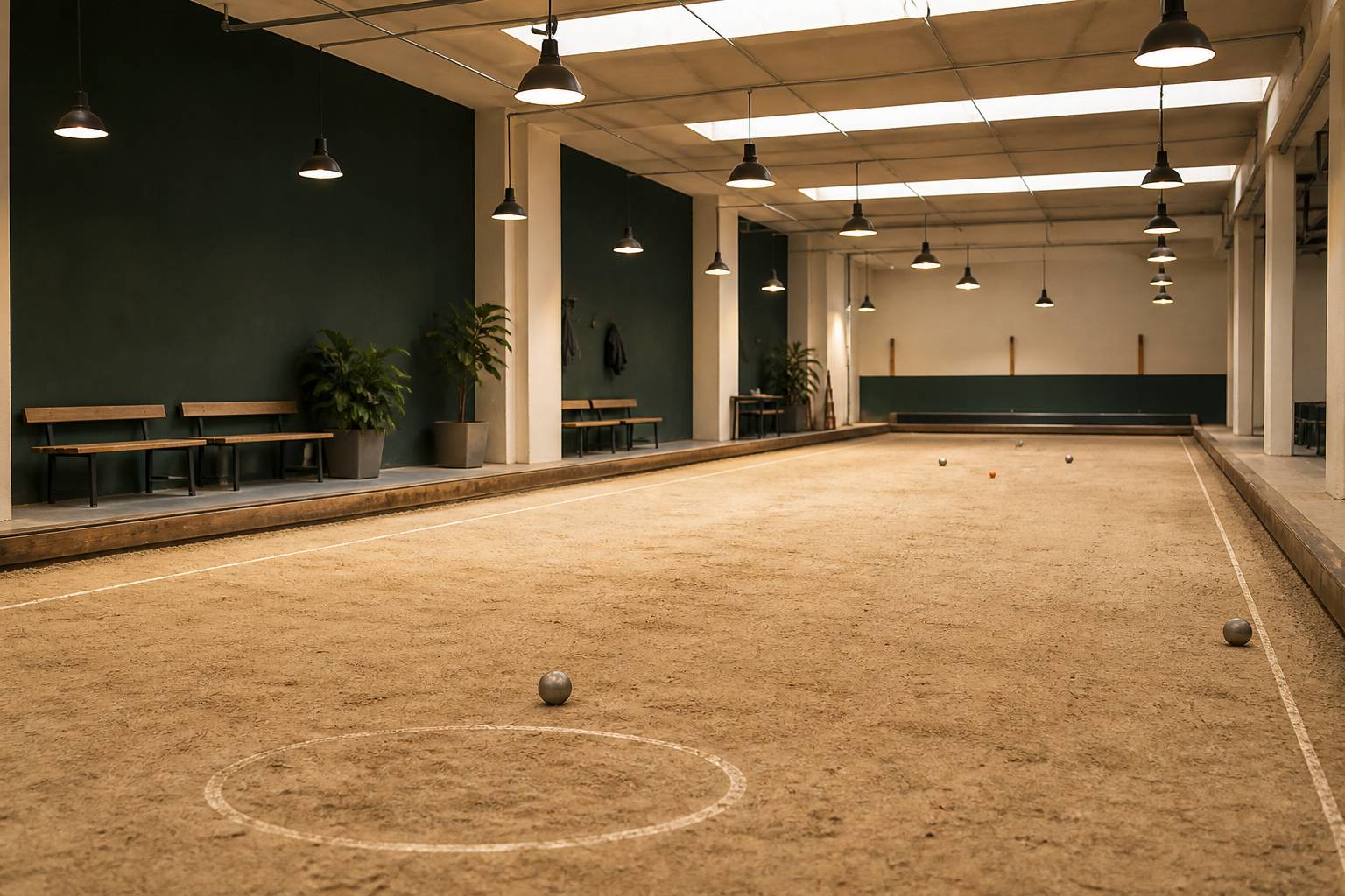 Allée de pétanque couverte en perspective avec lignes tracées et luminaires