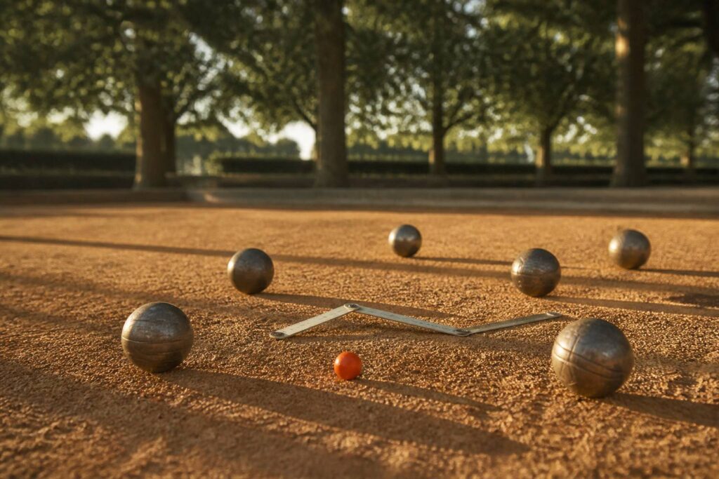 Boules de pétanque et cochonnet avec mètre pliant sur un boulodrome