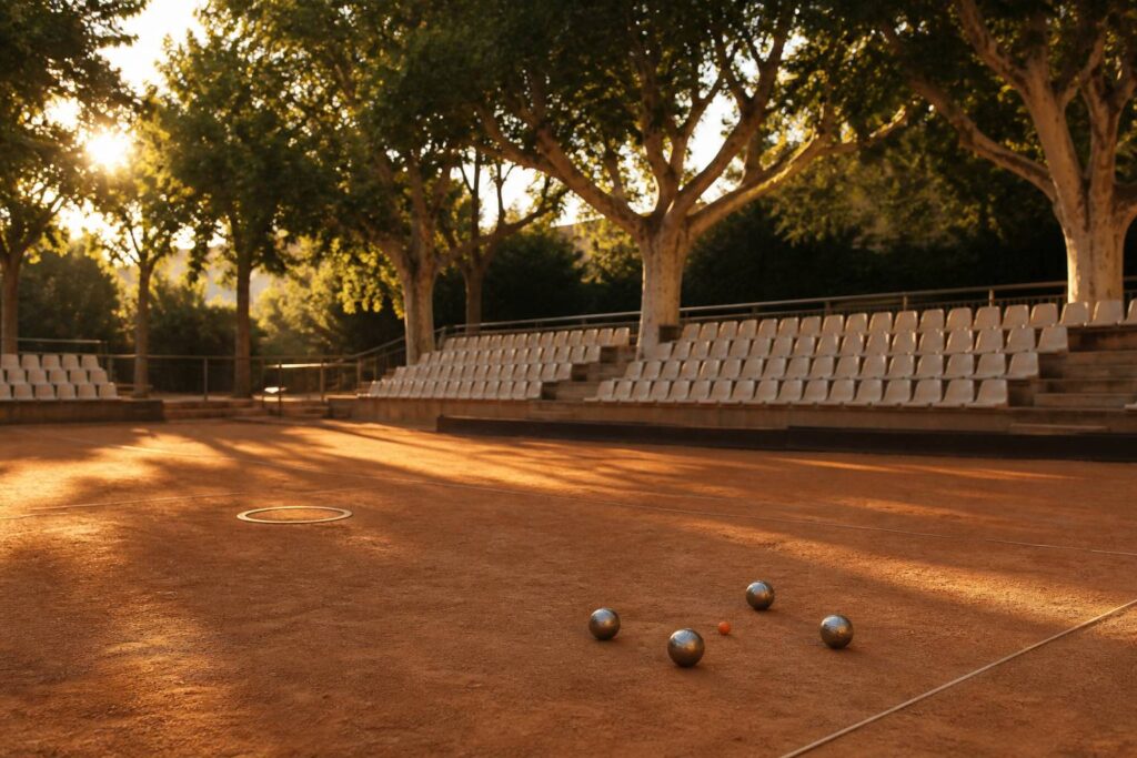 Terrain de boulodrome en compétition avec boules alignées et corde de délimitation