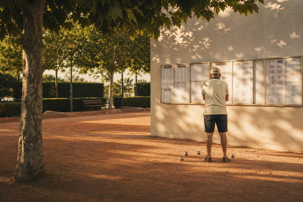 Joueur de pétanque vu de dos devant un classement affiché sur un mur de club