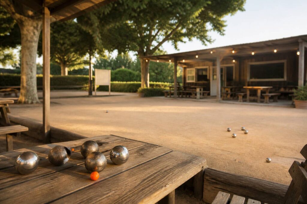 Club-house de pétanque convivial avec tables et bancs en bois sous une tonnelle