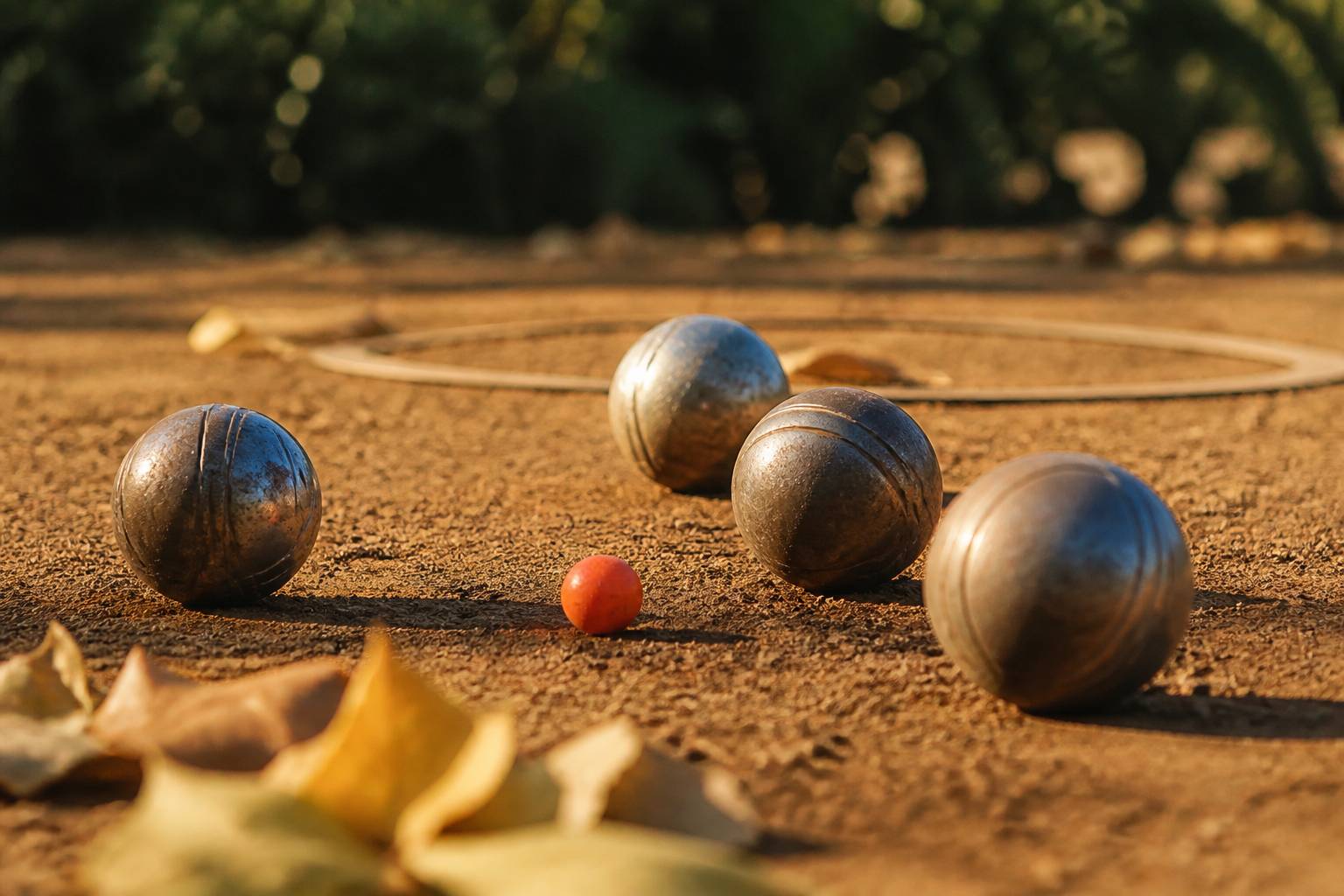 Cochonnet orange entouré de boules de pétanque sur la terre battue d'un boulodrome