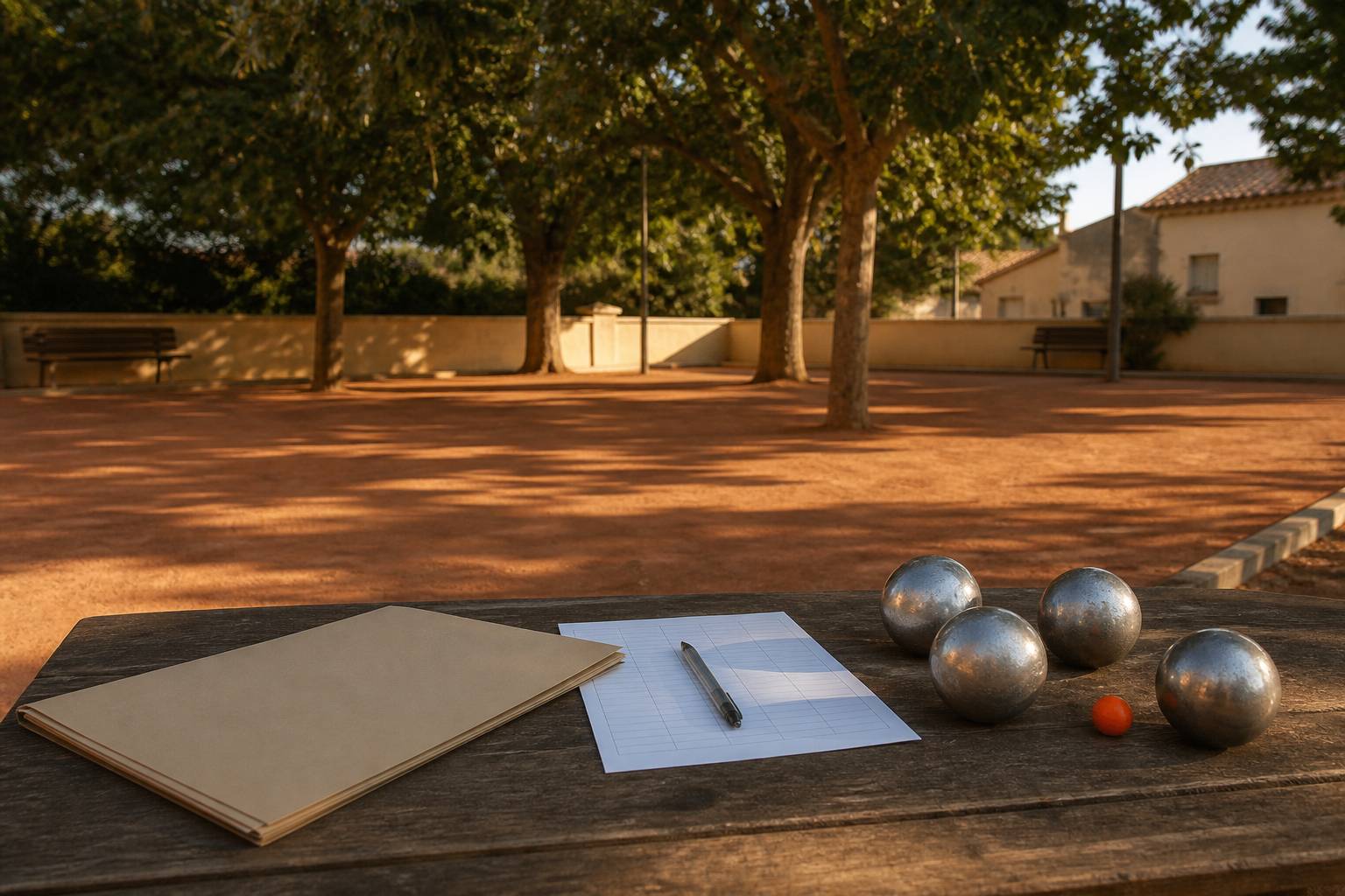 Dossier de licence et boules de pétanque sur une table de club de pétanque