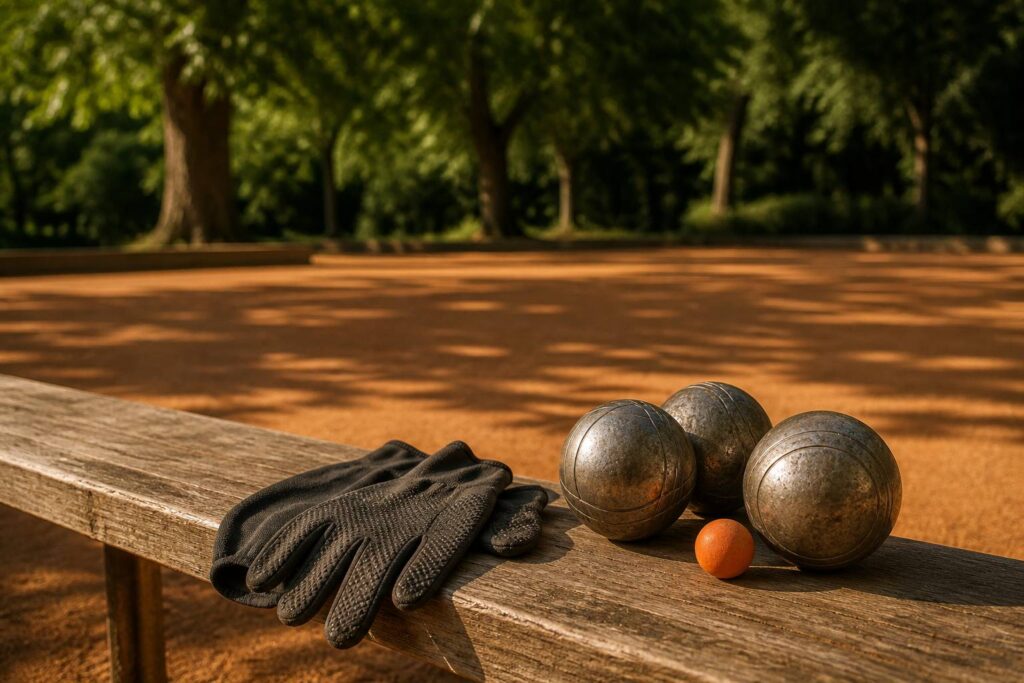 Gants sportifs fins posés à côté de boules de pétanque en acier sur un banc