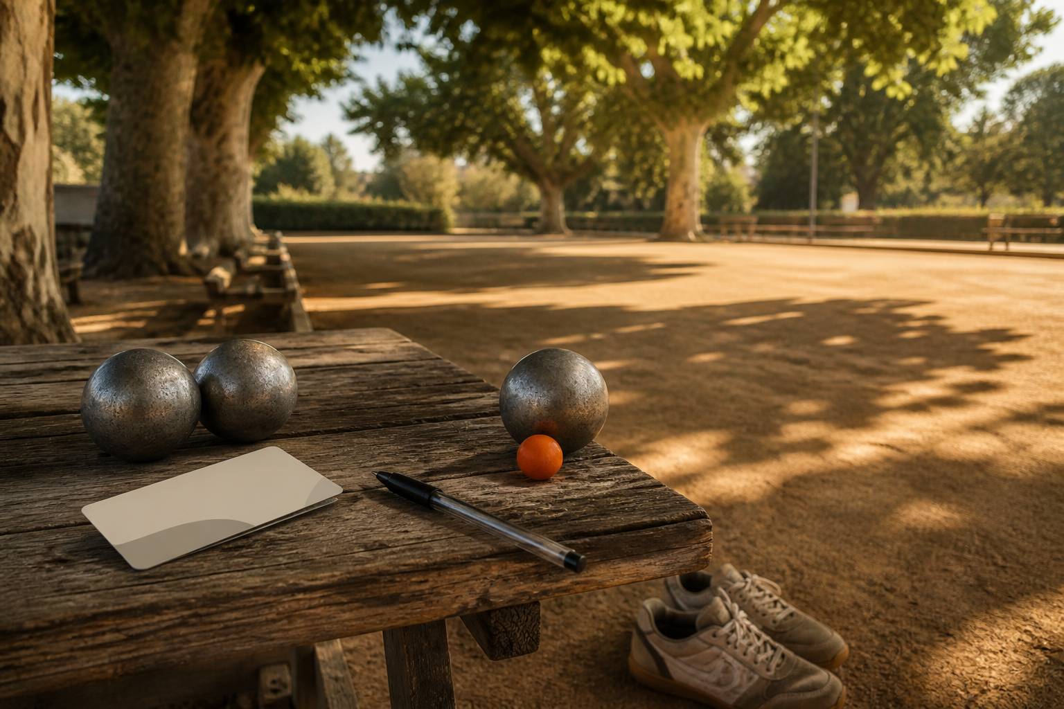 Carte de membre générique et boules de pétanque posées sur une table de club