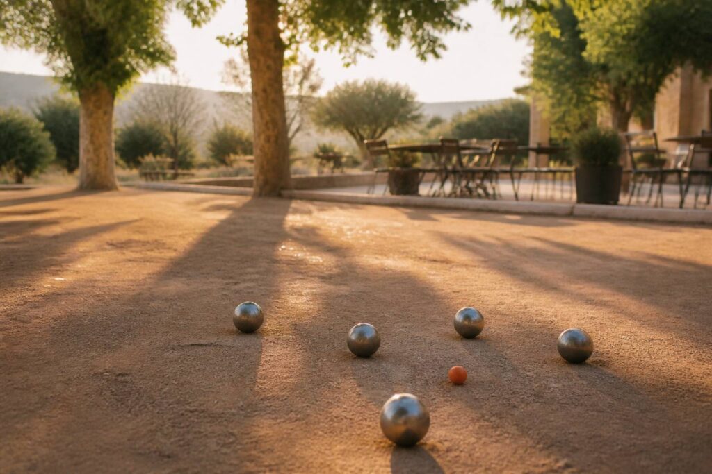 Boules de pétanque et cochonnet sur un terrain de boulodrome ocre en fin d'après-midi
