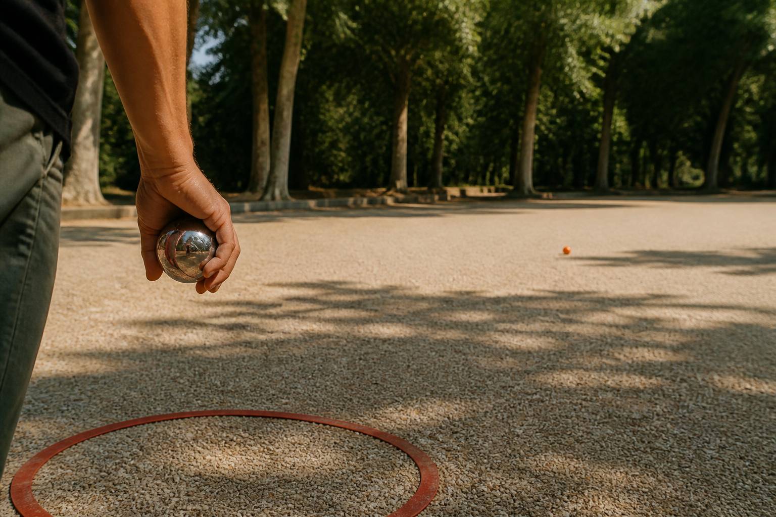 Main tenant une boule de pétanque prête à pointer