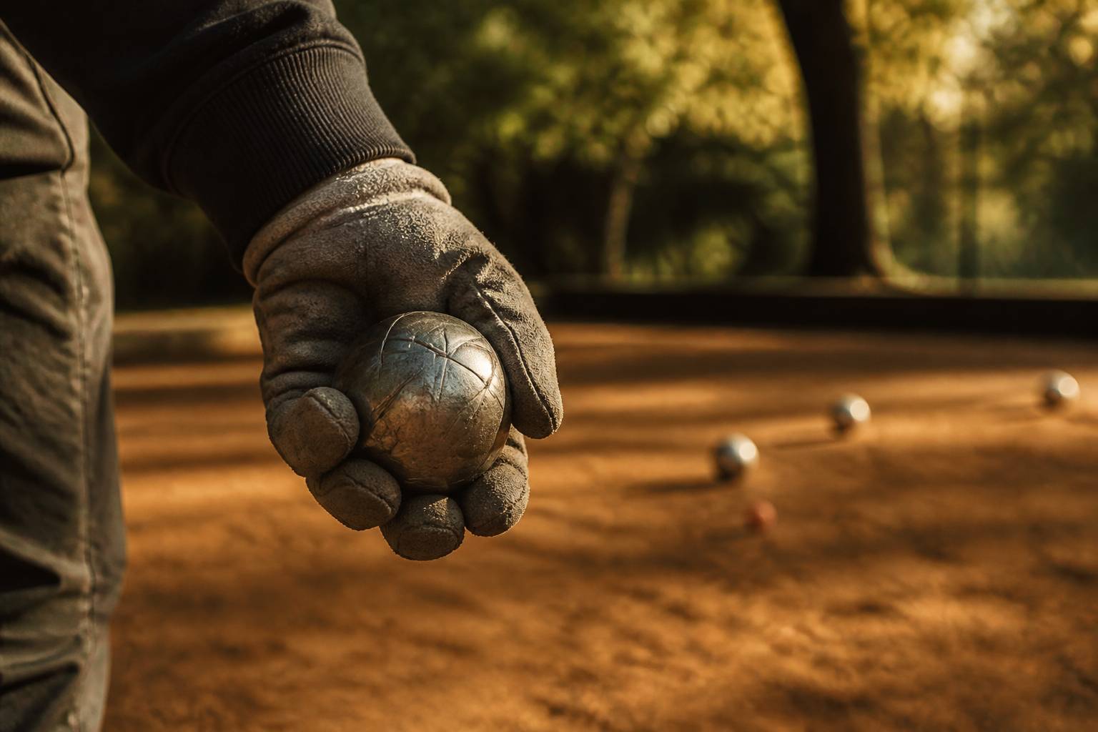 Main gantée tenant une boule de pétanque en acier en gros plan