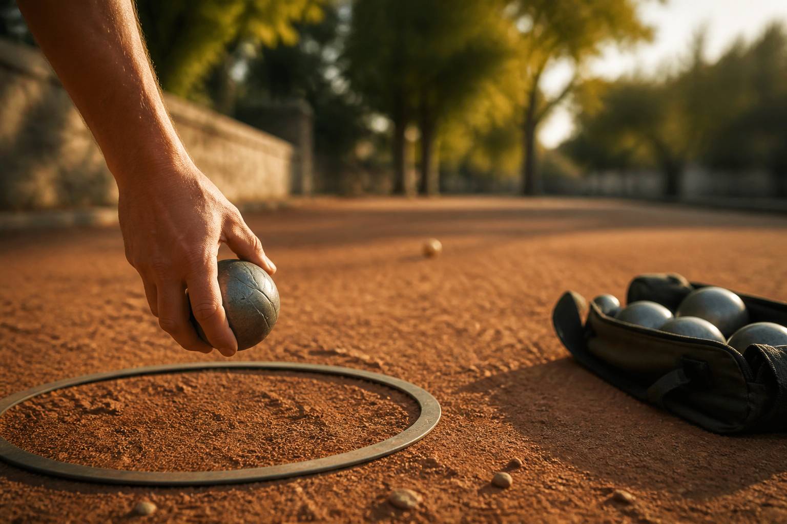 Main de joueur tenant une boule de pétanque au-dessus du cercle de lancer sur terrain ocre