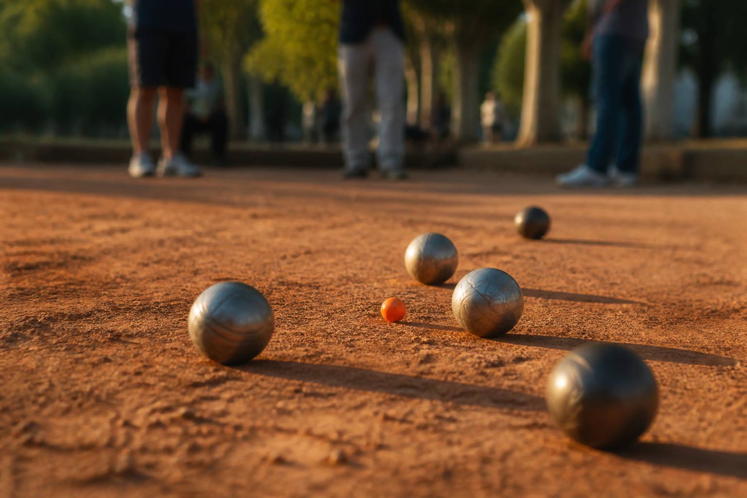 Boules de pétanque serrées autour d'un cochonnet sur la terre