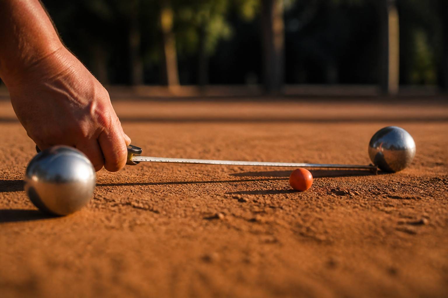 Main tendant un mètre entre deux boules de pétanque au sol