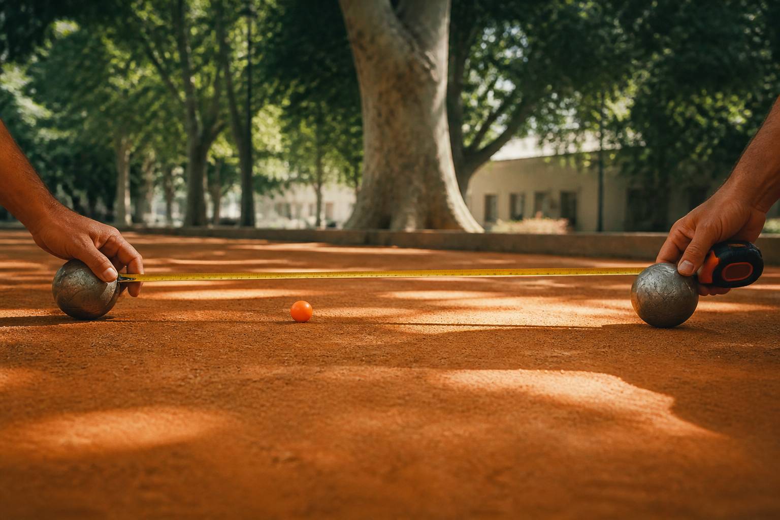 Mains tenant un mètre ruban entre deux boules de pétanque