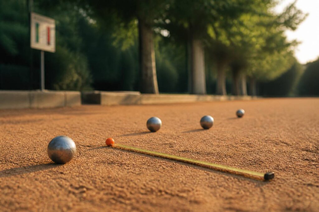 Mètre ruban tendu entre des boules de pétanque et le cochonnet sur un terrain