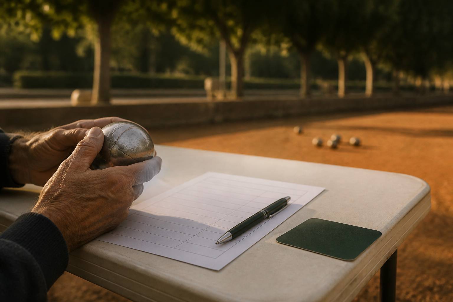 Mains tenant une boule de pétanque au-dessus d'un formulaire de licence sans texte