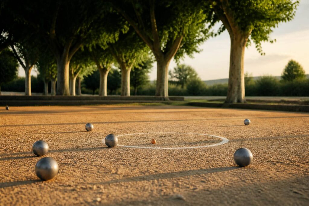 Boules de pétanque sur un terrain de gravier avec le cochonnet