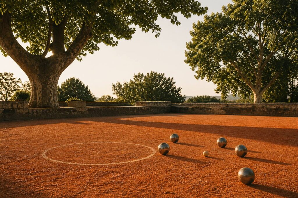 Boules de pétanque et cochonnet sur un boulodrome