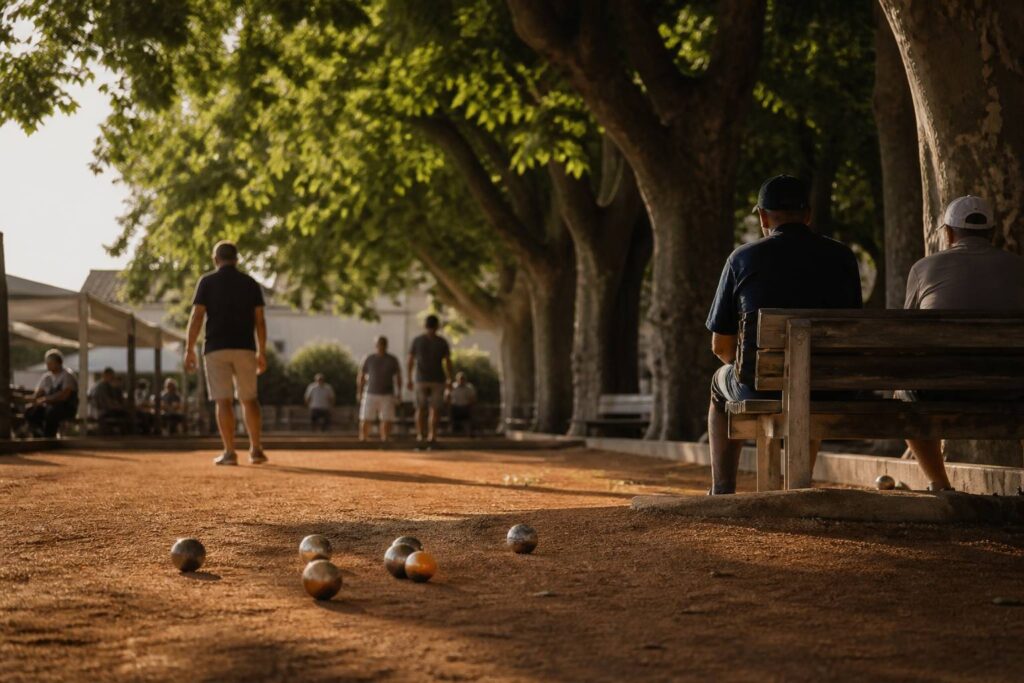 Terrain de pétanque en terre battue avec boules et cochonnet en fin de journée