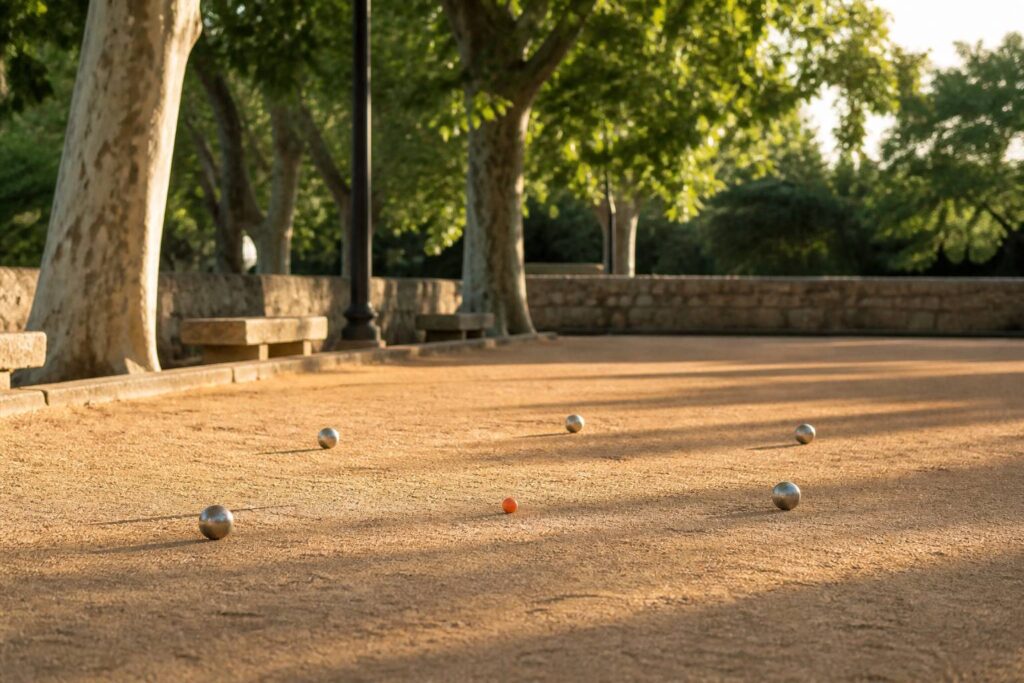 Boulodrome en terre battue avec boules au soleil couchant