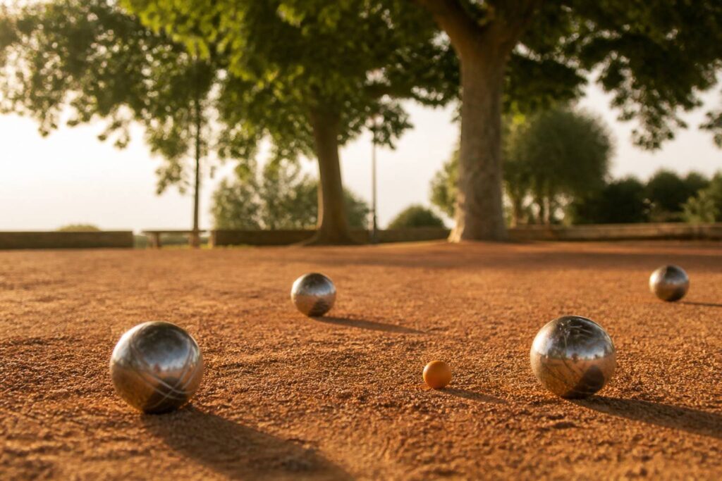 Terrain de pétanque en terre battue avec boules et cochonnet en fin d'après-midi