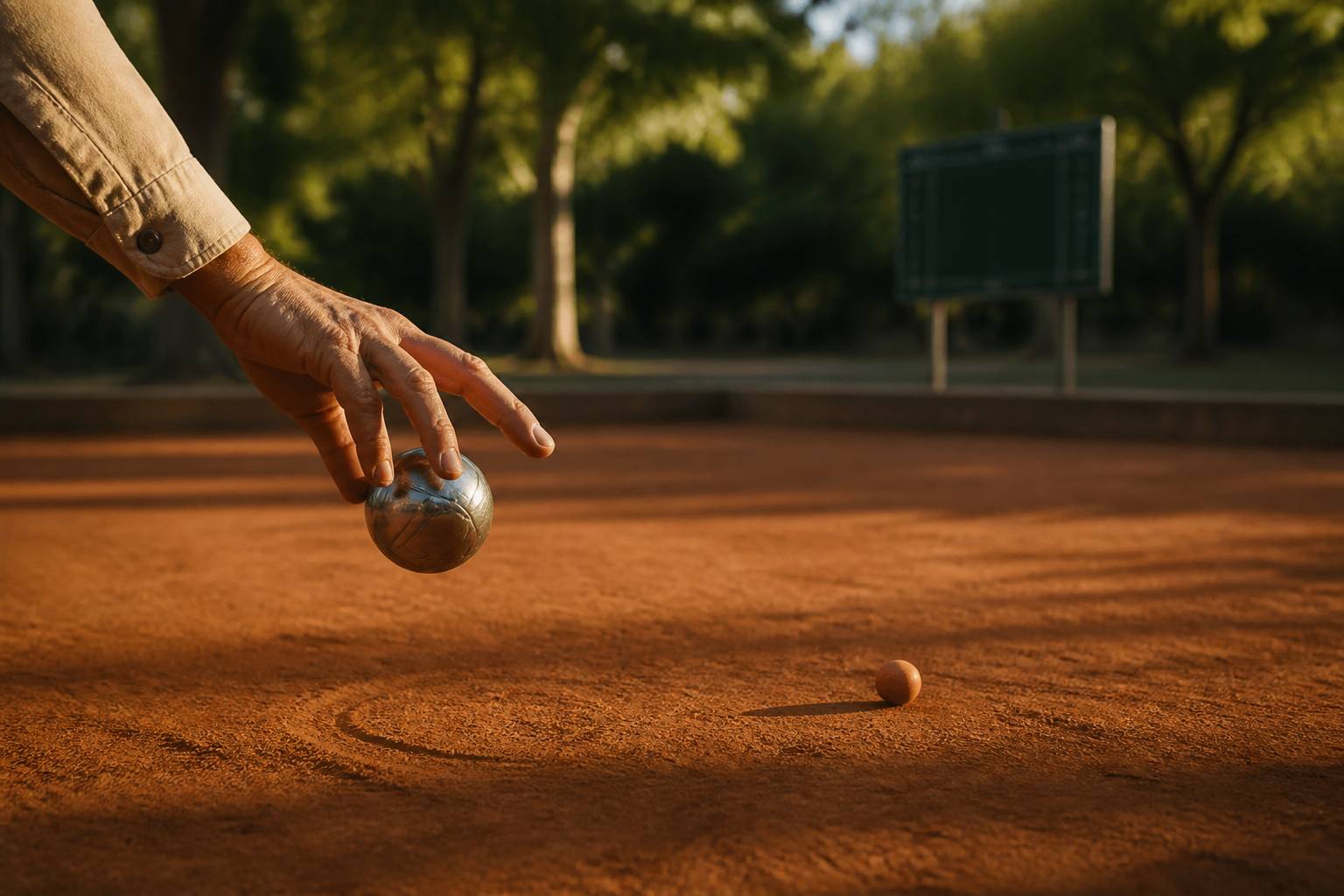 Main lâchant une boule de pétanque vers le cochonnet sur le sable