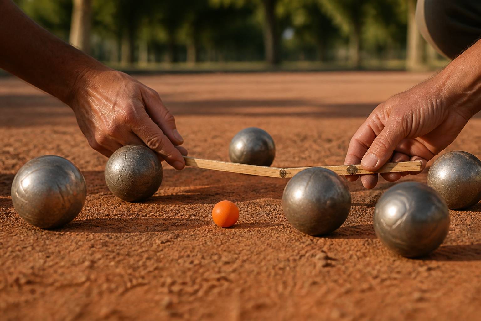 Mains mesurant la distance entre les boules et le cochonnet avec un mètre pliant