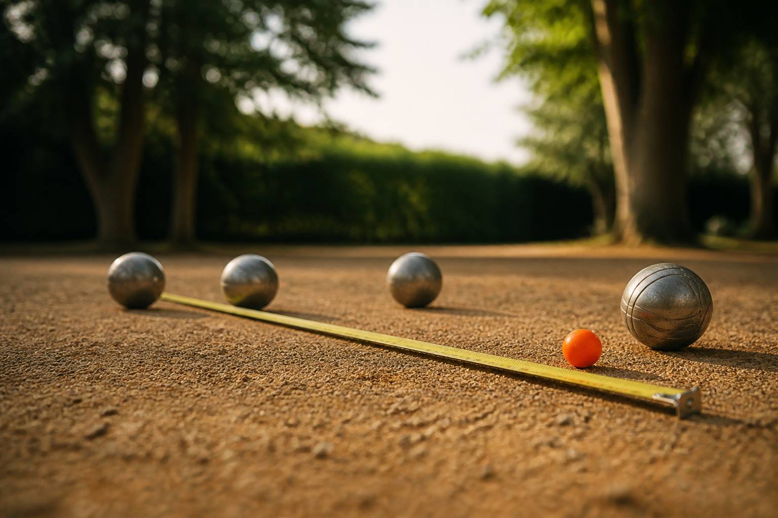 Boules de pétanque en acier et cochonnet sur le sable avec mètre ruban jaune