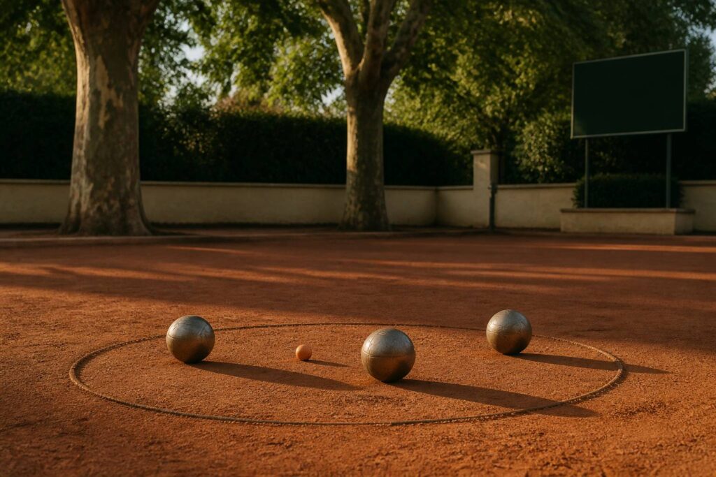 Boules de pétanque et cochonnet sur un terrain en terre battue