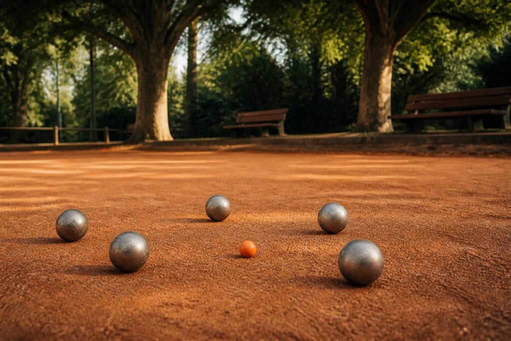 Terrain de pétanque en terre battue avec boules et cochonnet en fin de journée