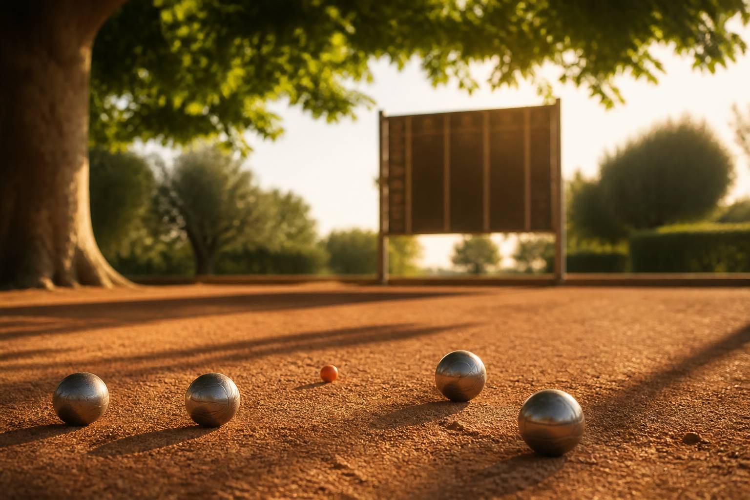 Tableau de score sans texte lisible et boules de pétanque au premier plan