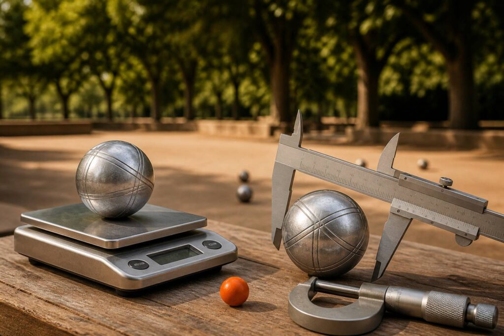 Pied à coulisse mesurant une boule de pétanque sur un établi avec balance