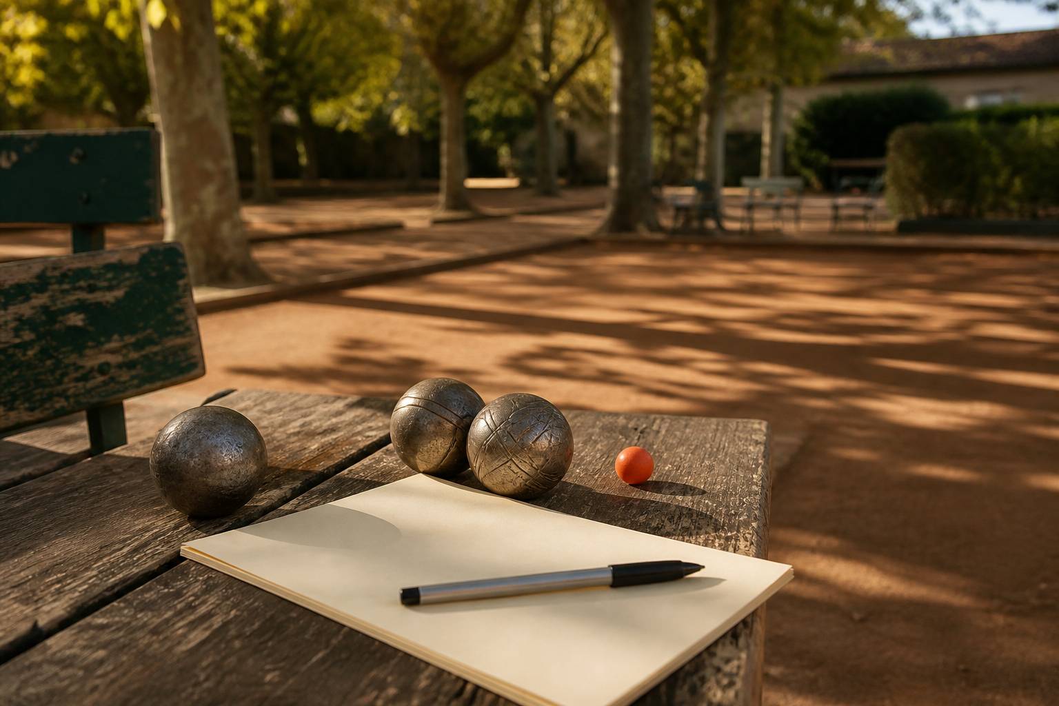 Boules de pétanque et stylo sur une feuille de classement sans texte lisible