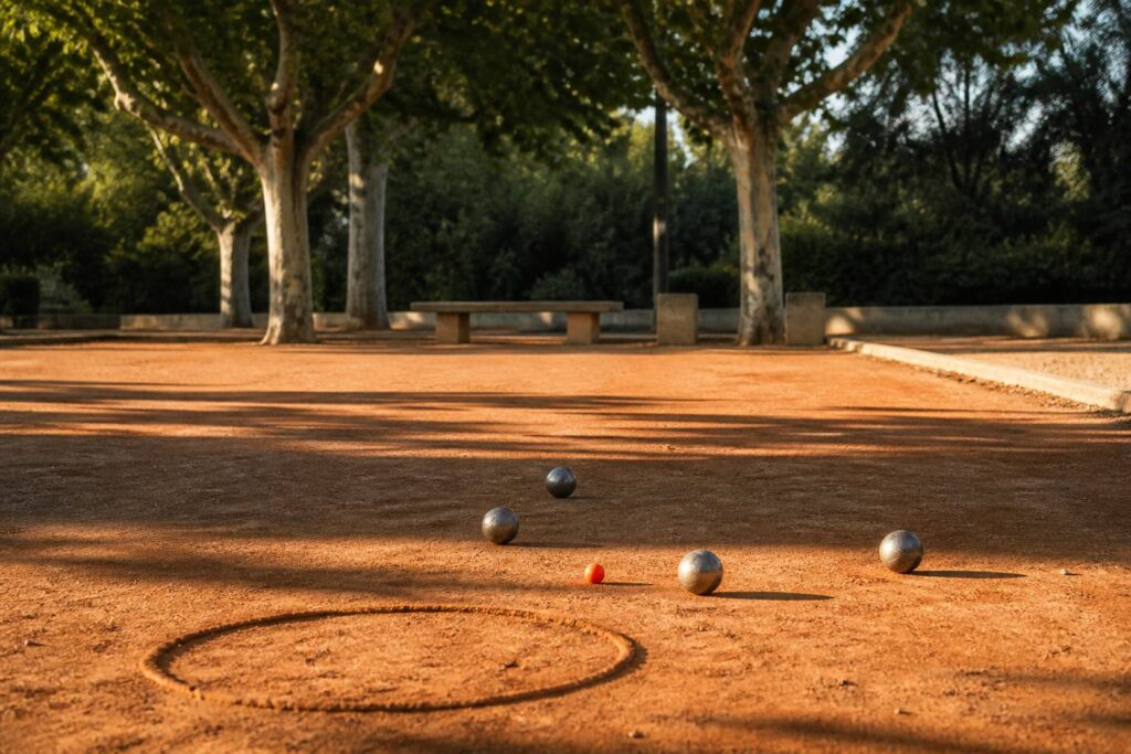 Boules de pétanque et cochonnet sur un terrain en terre battue