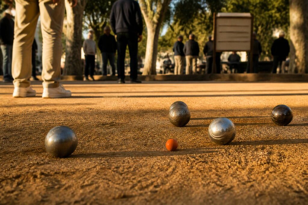 Boules de pétanque et cochonnet sur un boulodrome en terre battue