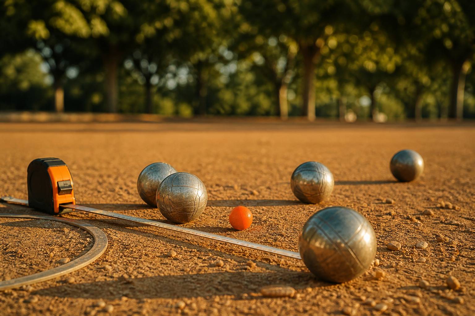 Cercle de lancer et mètre ruban sur un terrain de pétanque