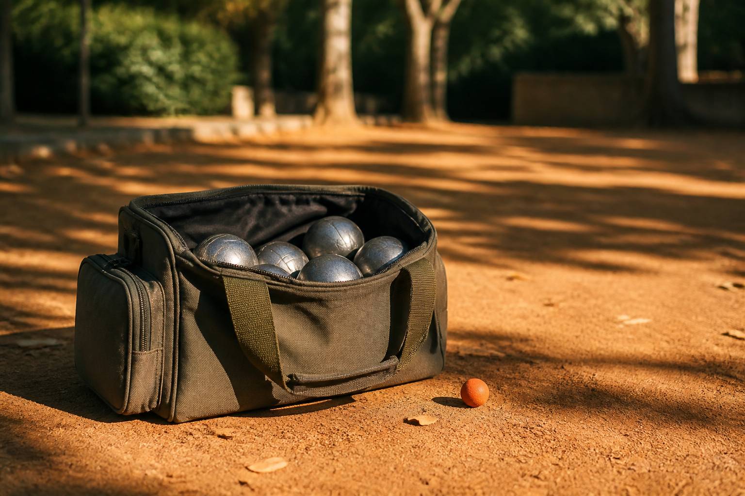 Sac à boules de pétanque avec poignée renforcée et boules rangées à l'intérieur