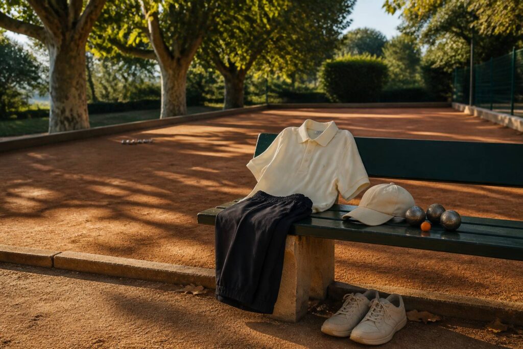 Tenue de pétanque complète posée sur un banc de boulodrome avec terrain ocre en arrière-plan