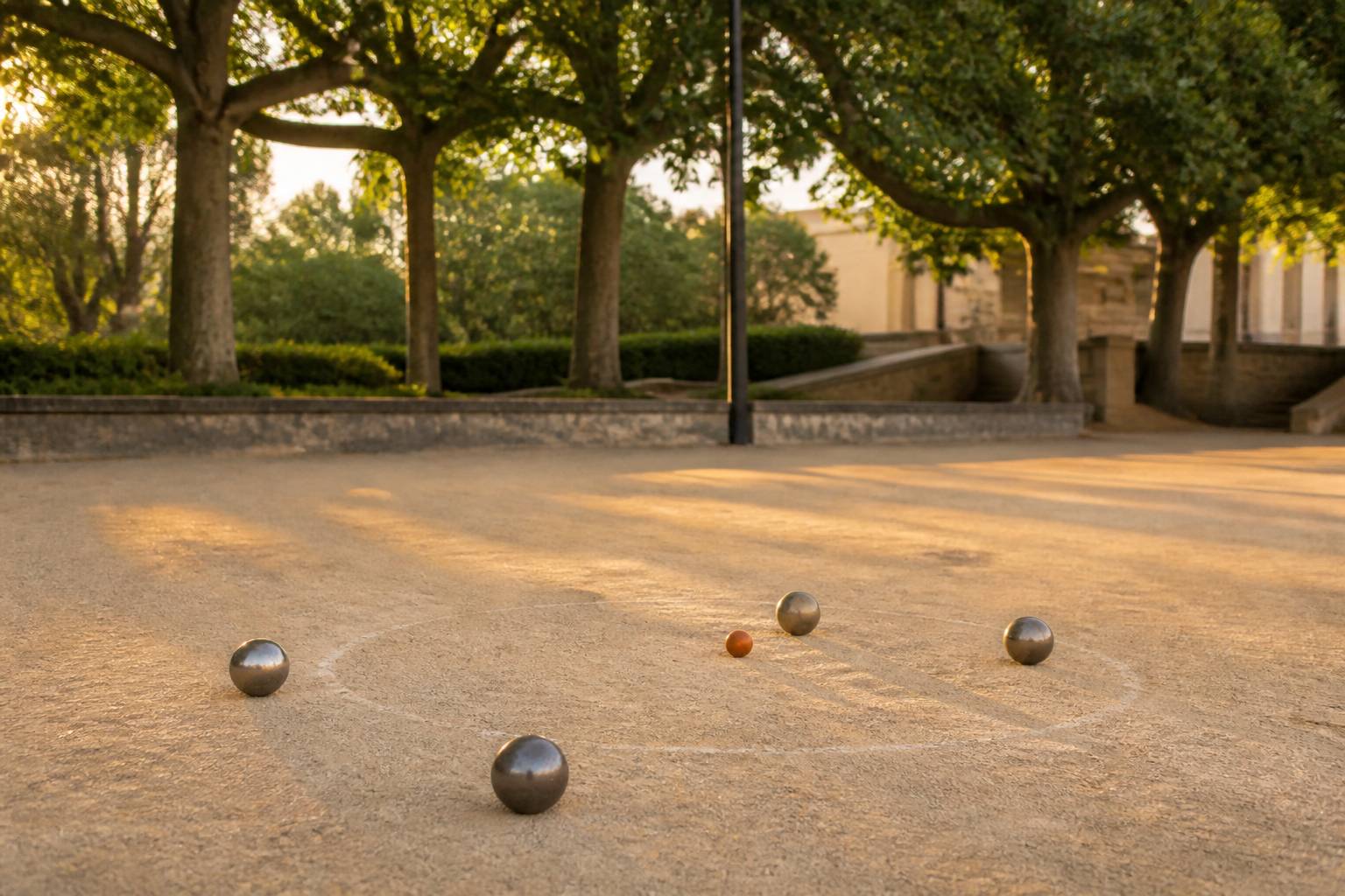Cercle de lancer tracé avec boules d'acier autour d'un cochonnet en bois